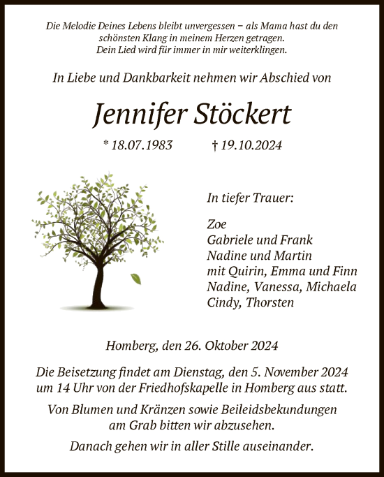 Traueranzeige von Jennifer Stöckert von HNA