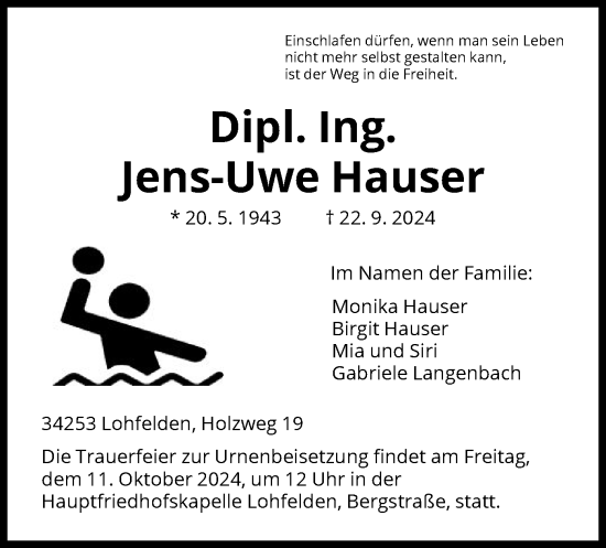 Traueranzeige von Jens-Uwe Hauser von HNA