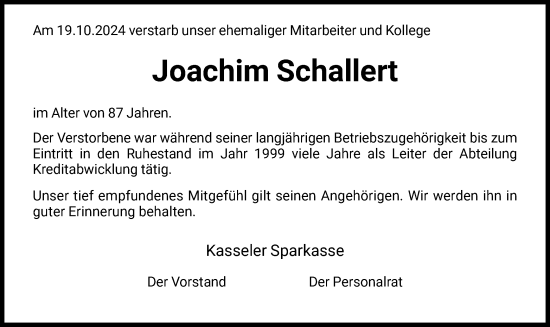 Traueranzeige von Joachim Schallen von HNAHNA