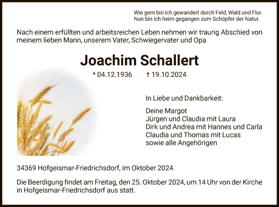 Traueranzeige von Joachim Schallert von HNA