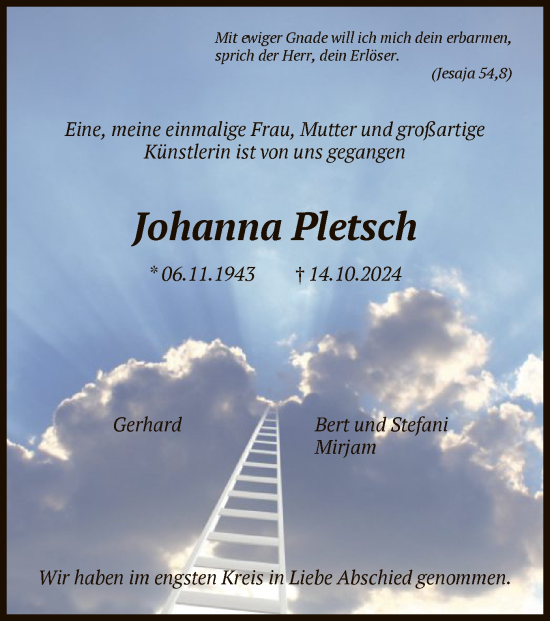 Traueranzeige von Johanna Pletsch von HNA