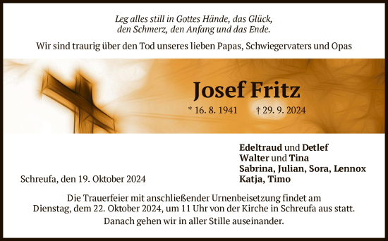 Traueranzeige von Josef Fritz von HNA