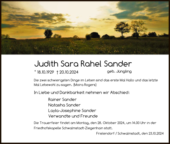 Traueranzeige von Judith Sara Rahel Sander von HNAHNA