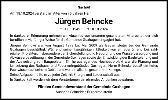 Traueranzeige von Jürgen Behncke von HNA