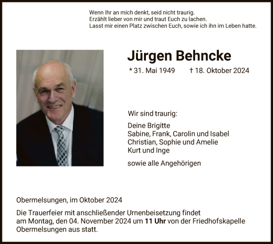 Traueranzeige von Jürgen Behncke von HNA