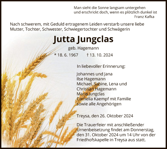 Traueranzeige von Jutta Jungclas von HNA