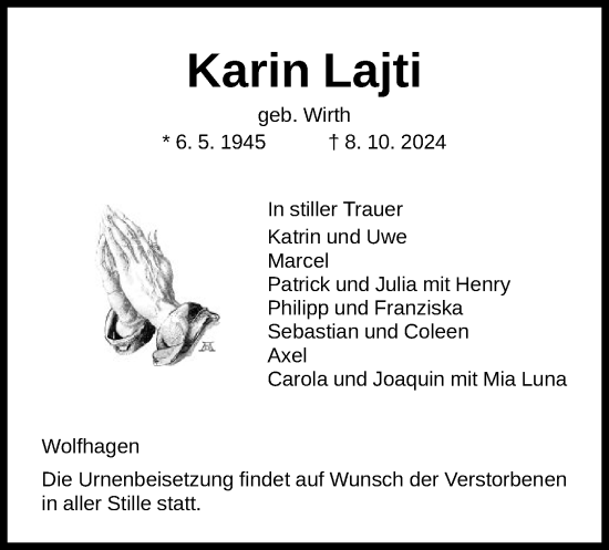 Traueranzeige von Karin Lajti von HNA