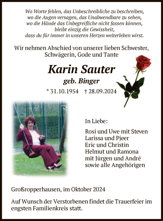 Traueranzeige von Karin Sauter von HNA