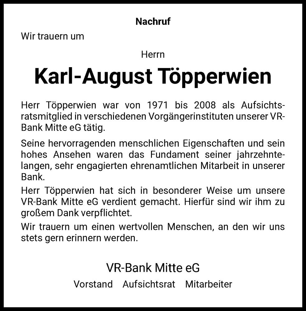  Traueranzeige für Karl-August Töpperwien vom 08.10.2024 aus HNA