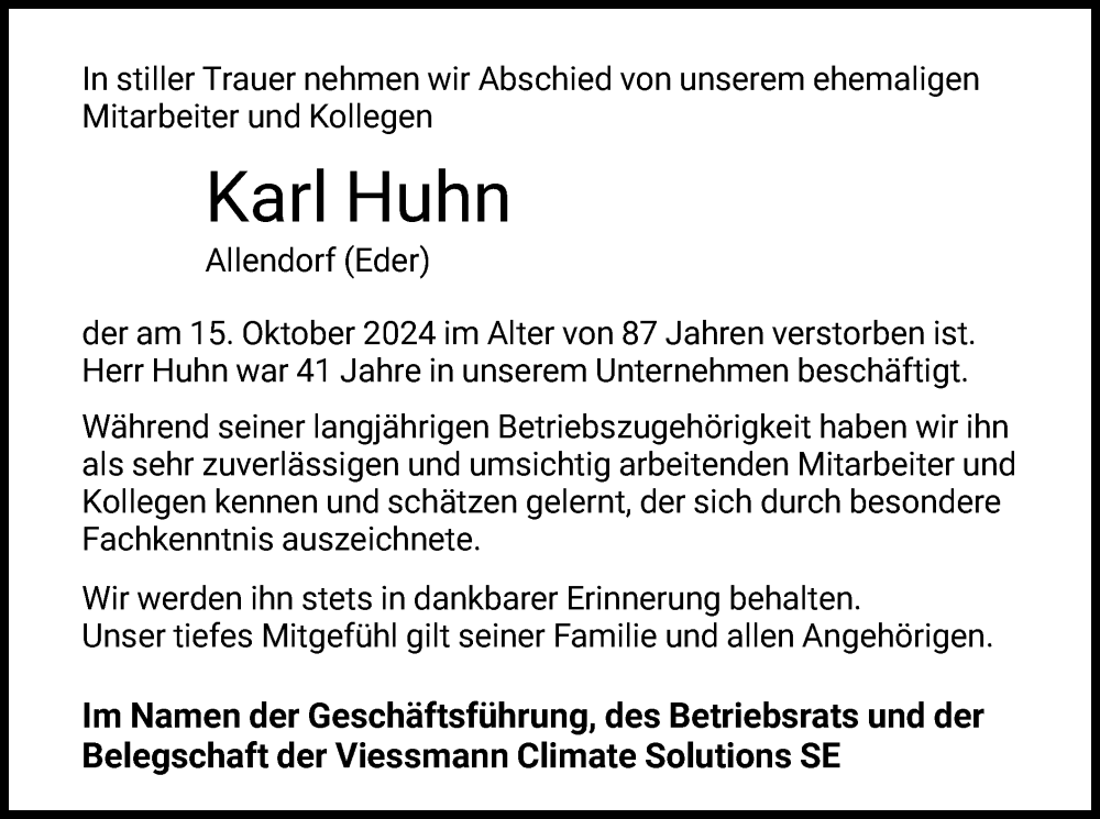  Traueranzeige für Karl Huhn vom 25.10.2024 aus HNA