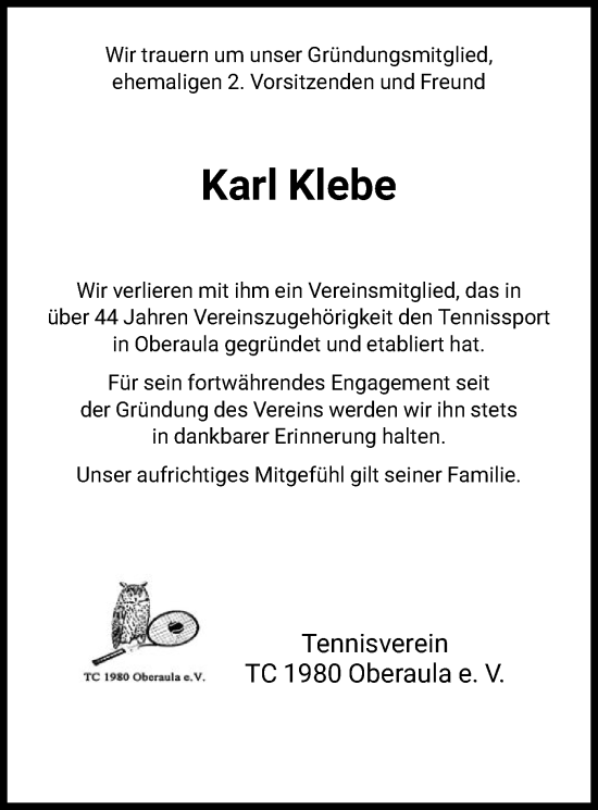 Traueranzeige von Karl Klebe von HNA