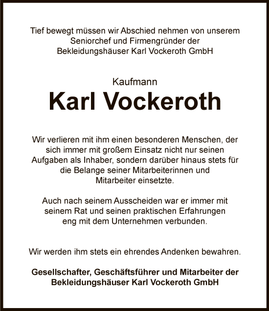 Traueranzeige von Karl Vockeroth von HNA