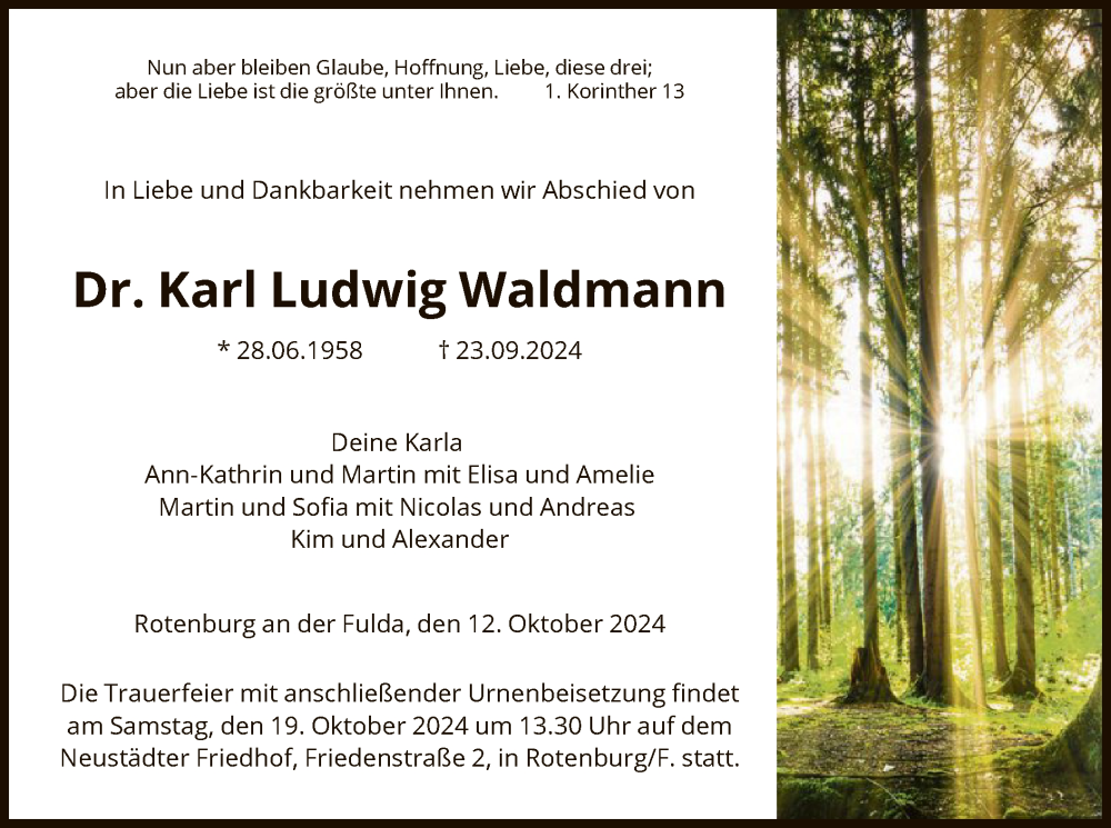  Traueranzeige für Karl Ludwig Waldmann vom 12.10.2024 aus HNAHNA