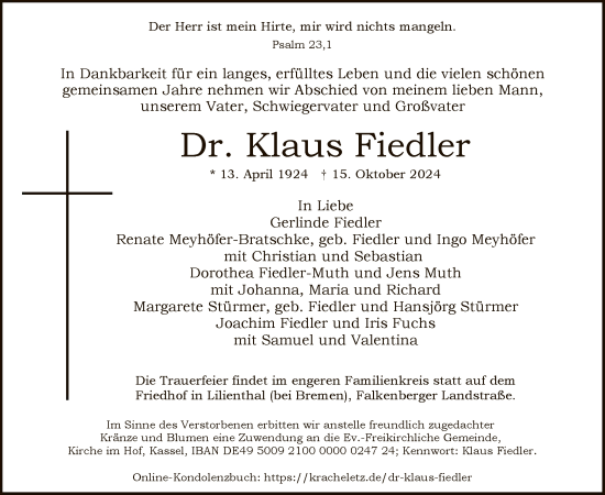 Traueranzeige von Klaus Fiedler von HNA