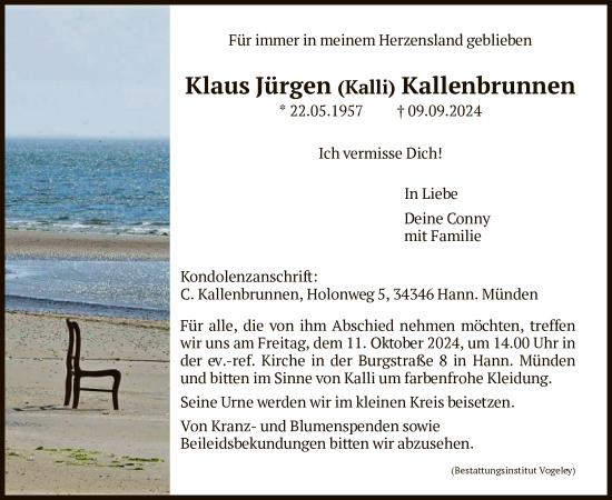 Traueranzeige von Klaus Jürgen Kallenbrunnen von HNA