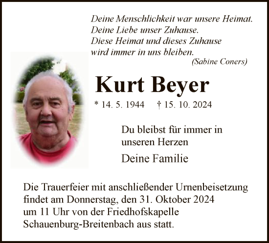 Traueranzeige von Kurt Beyer von HNA