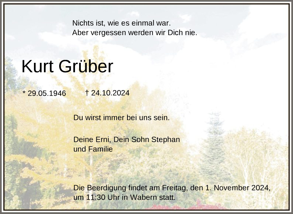  Traueranzeige für Kurt Grüber vom 29.10.2024 aus HNA