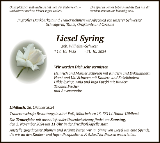 Traueranzeige von Liesel Syring von HNAWLZ