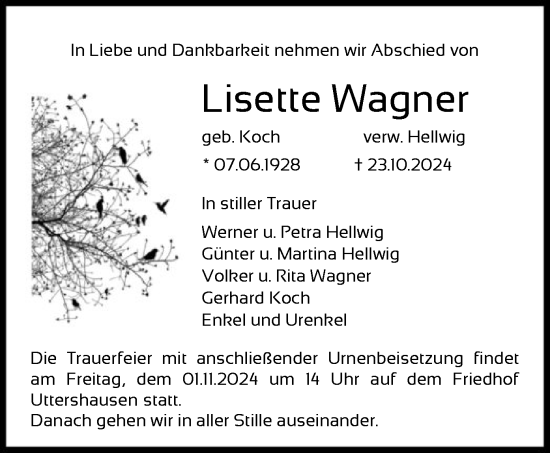 Traueranzeige von Lisette Wagner von HNA