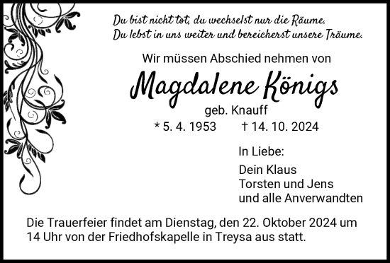 Traueranzeige von Magdalene Königs von HNA