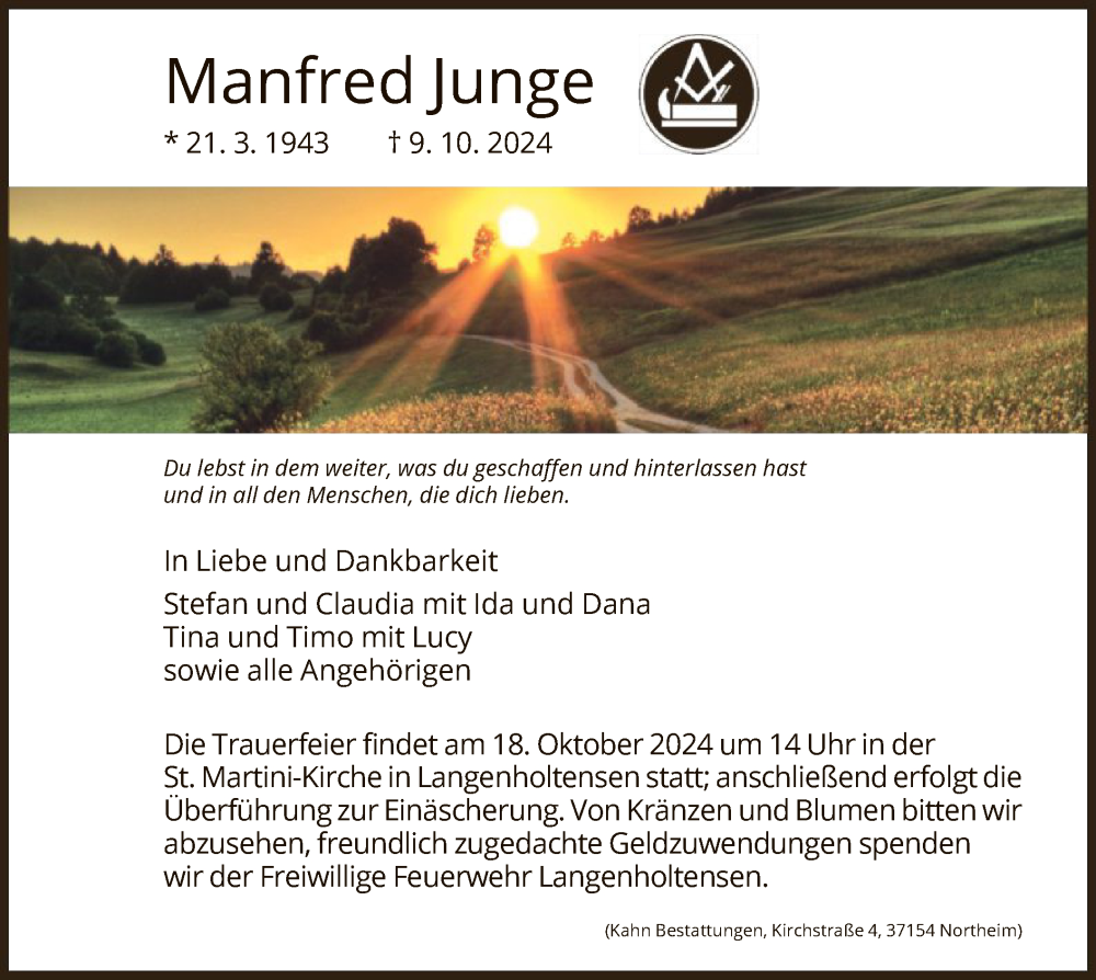  Traueranzeige für Manfred Junge vom 12.10.2024 aus HNA