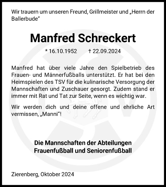 Traueranzeige von Manfred Schreckert von HNA