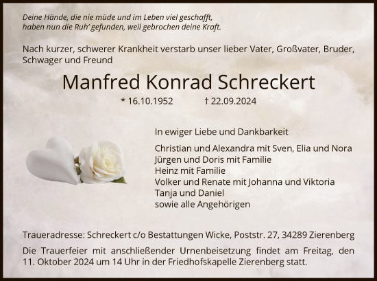 Traueranzeige von Manfred Konrad Schreckert von HNA