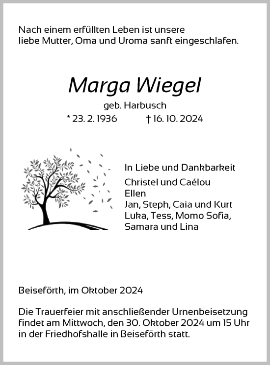 Traueranzeige von Marga Wiegel von HNA