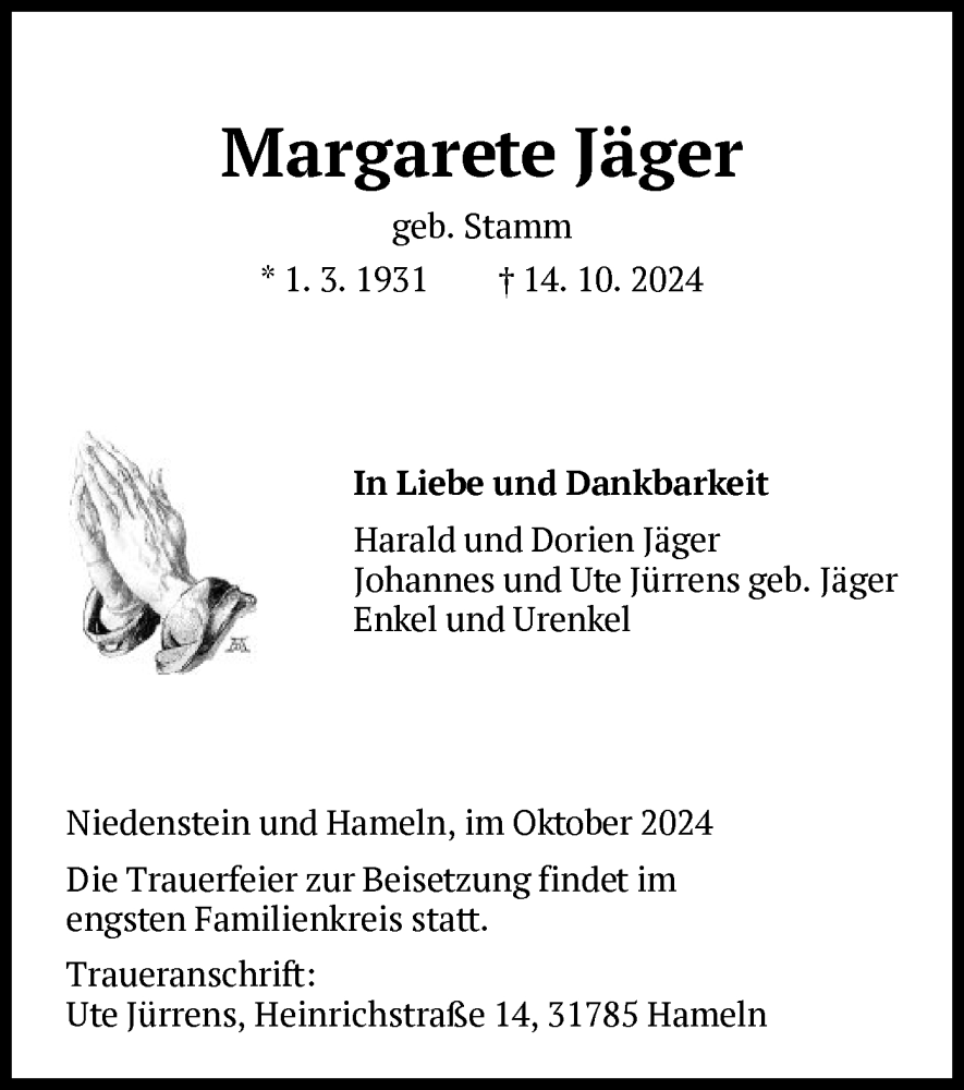  Traueranzeige für Margarete Jäger vom 26.10.2024 aus HNAHNA