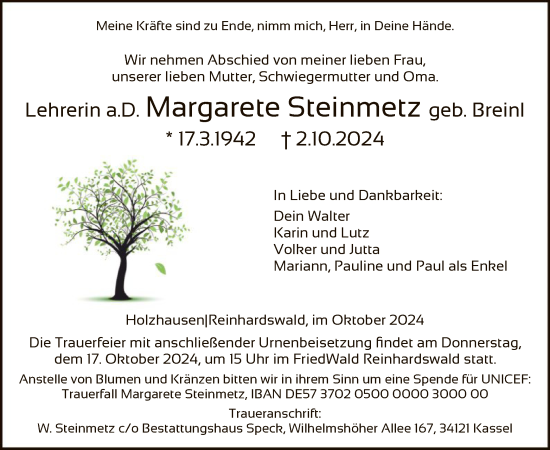 Traueranzeige von Margarete Steinmetz von HNAHNA