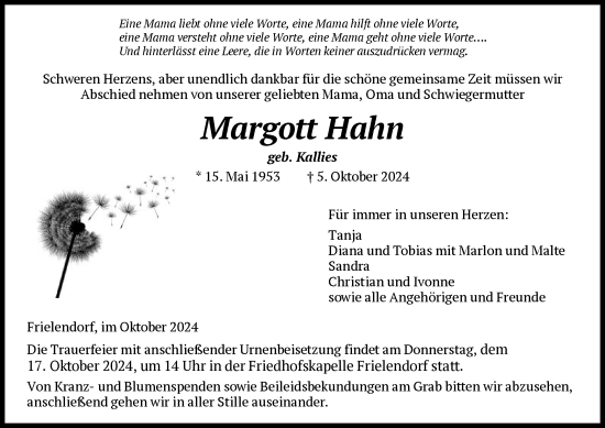 Traueranzeige von Margott Hahn von HNA