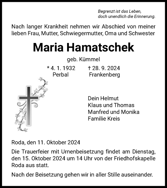 Traueranzeige von Maria Hamatschek von HNA