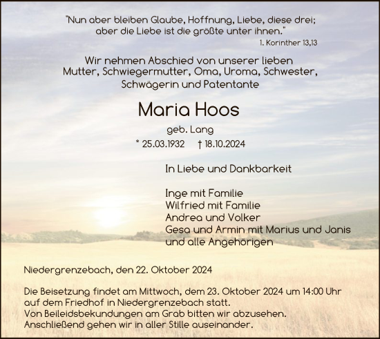 Traueranzeige von Maria Hoos von HNA