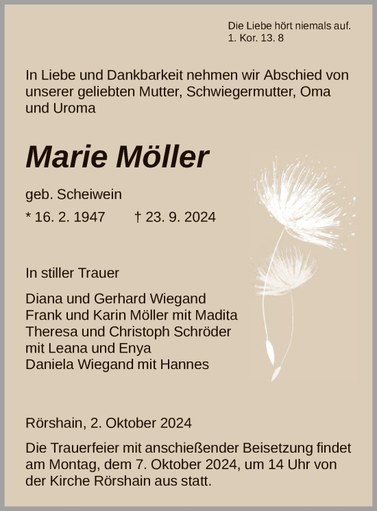 Traueranzeige von Marie Möller von HNA