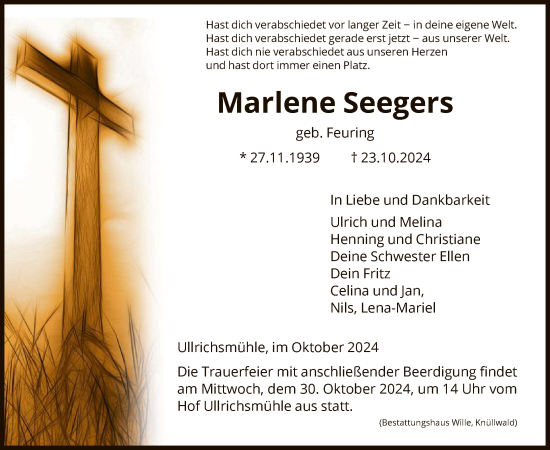 Traueranzeige von Marlene Seegers von HNA