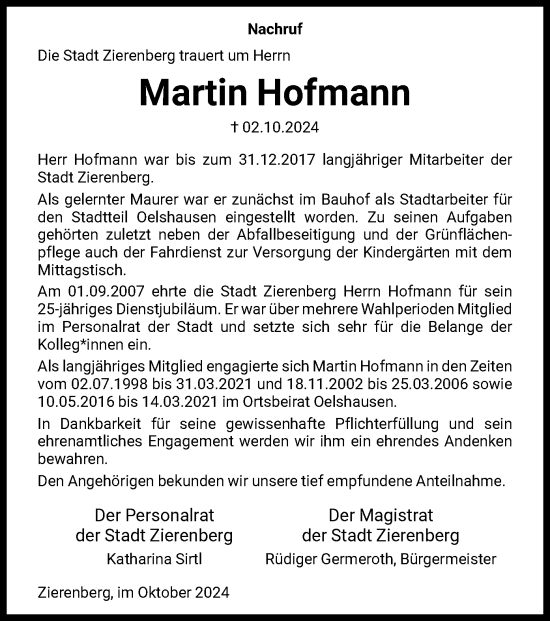 Traueranzeige von Martin Hofmann von HNA