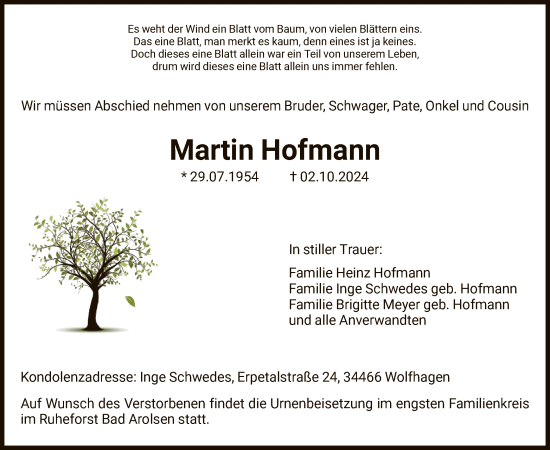 Traueranzeige von Martin Hofmann von HNA