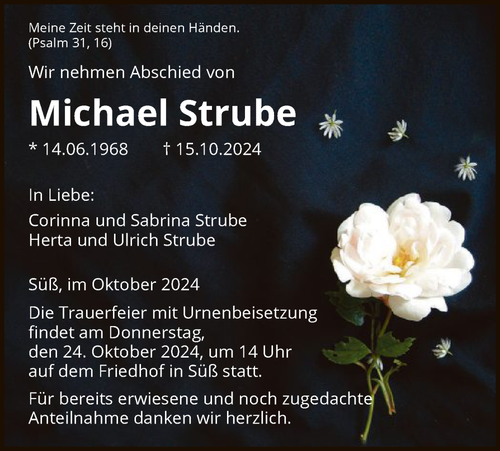  Traueranzeige für Michael Strube vom 22.10.2024 aus HNA