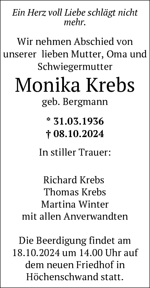 Traueranzeige von Monika Krebs von HNA