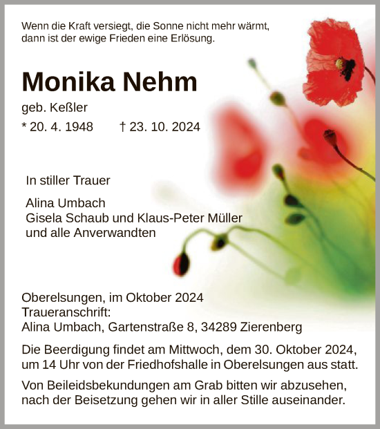 Traueranzeige von Monika Nehm von HNA