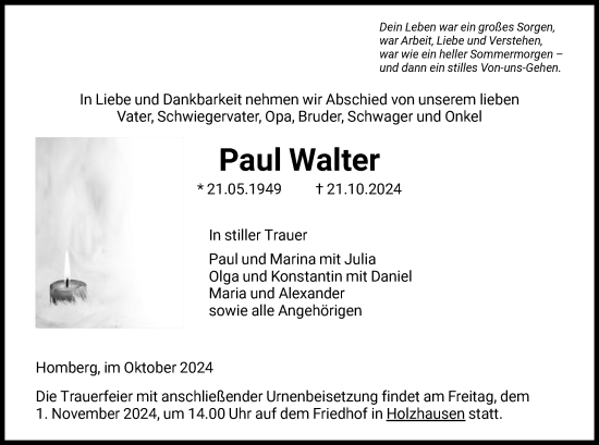 Traueranzeige von Paul Walter von HNA