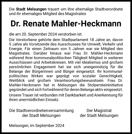 Traueranzeige von Renate Mahler-Heckmann von HNA