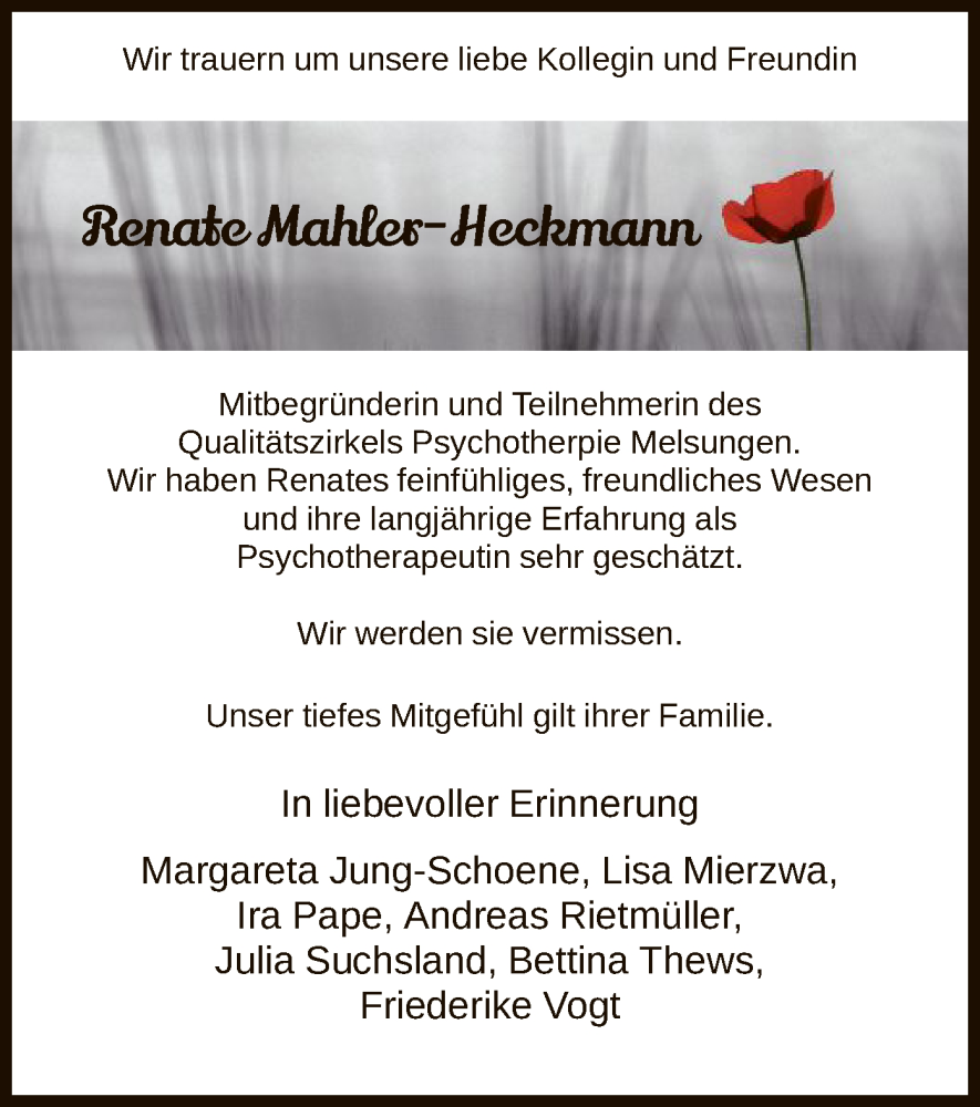  Traueranzeige für Renate Mahler-Heckmann vom 02.10.2024 aus HNA