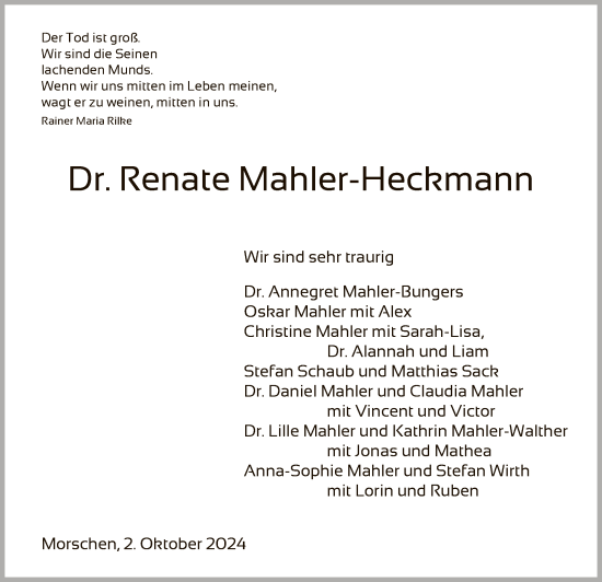 Traueranzeige von Renate Mahler-Heckmann von HNA