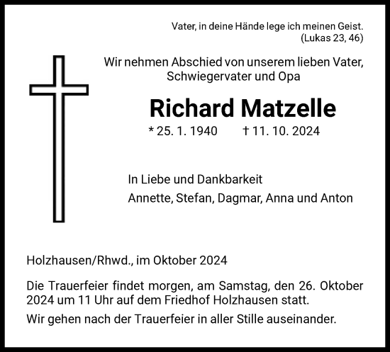 Traueranzeige von Richard Matzelle von HNAHNA