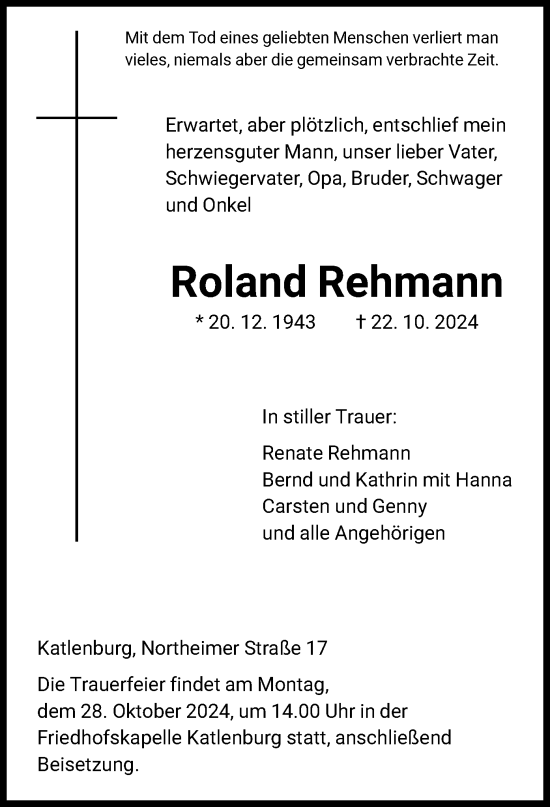 Traueranzeige von Roland Rehmann von HNA