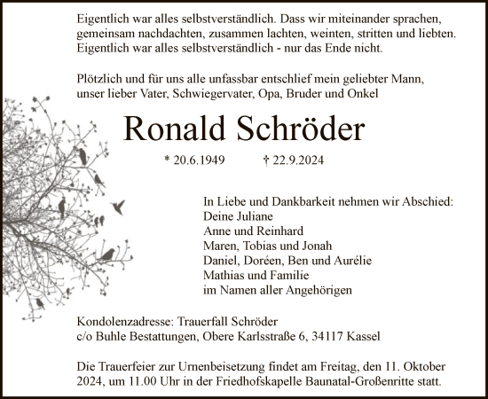 Traueranzeige von Ronald Schröder von HNA