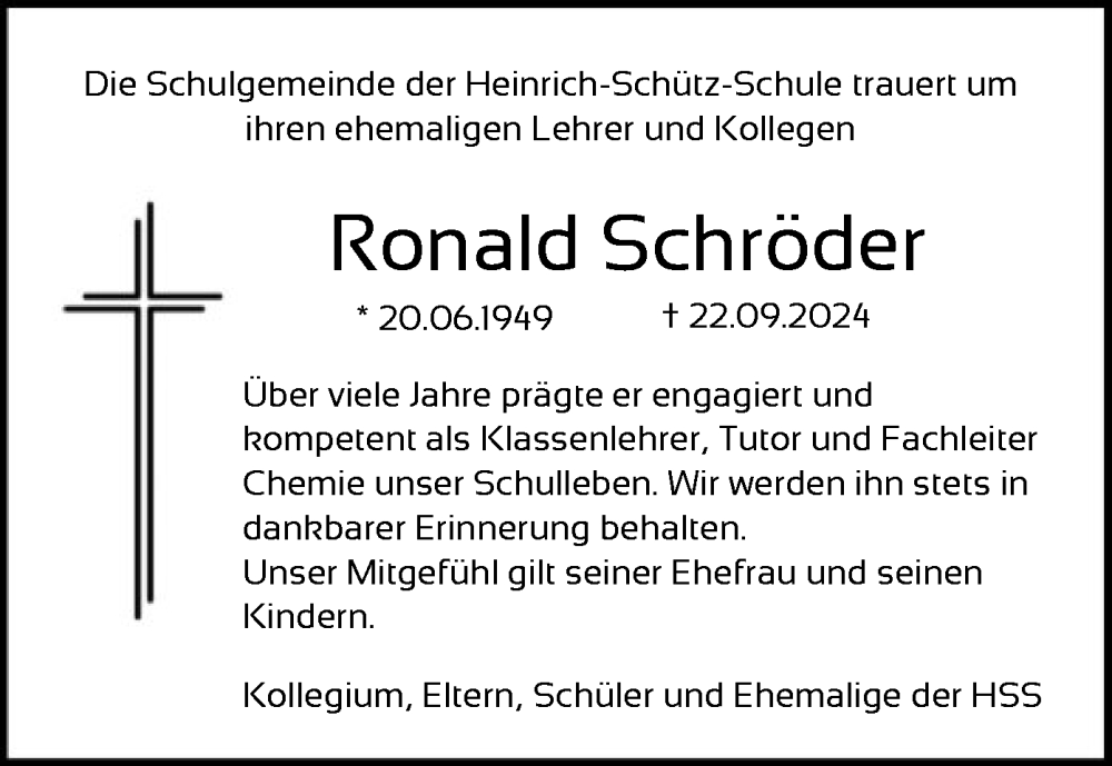  Traueranzeige für Ronald Schröder vom 05.10.2024 aus HNA