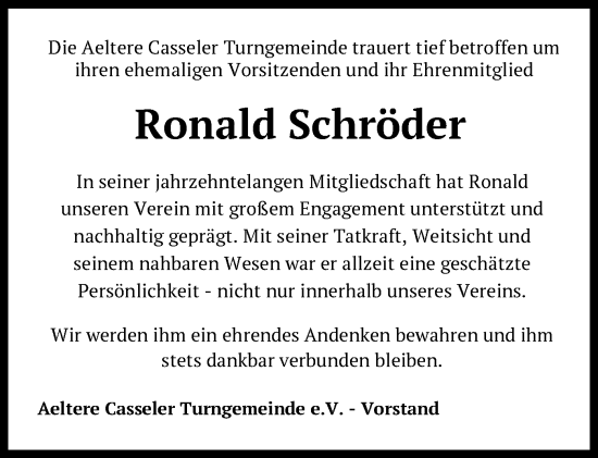 Traueranzeige von Ronald Schröder von HNA