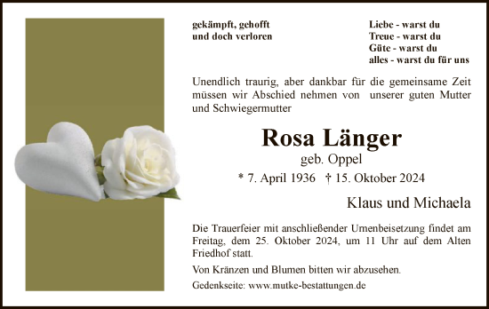 Traueranzeige von Rosa Länger von HNA